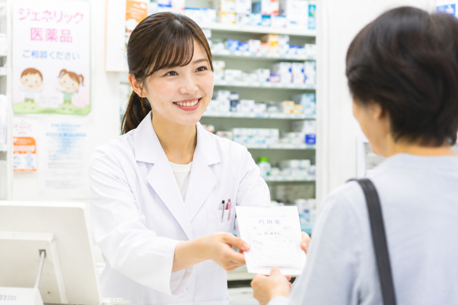 薬局カウンターで患者さんに薬を手渡す笑顔の女性薬剤師