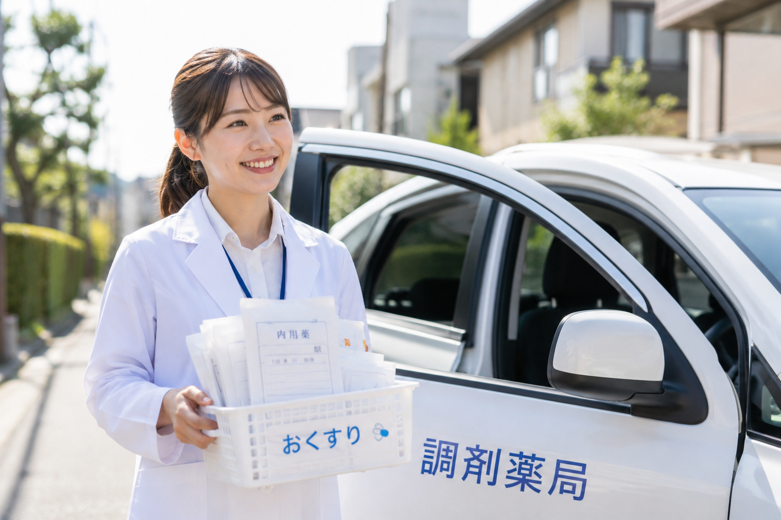 調剤薬局の車の前に立つ笑顔の女性薬剤師。在宅・配達業務のイメージ。